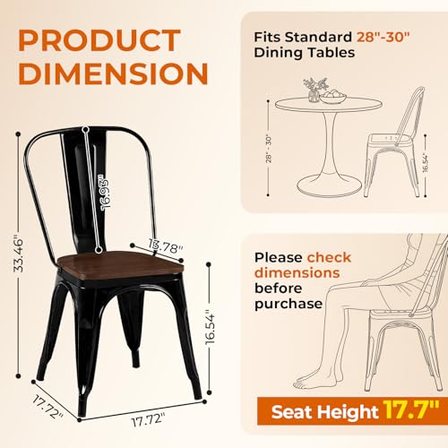 Obsidian Black Color,Metal Black Dining Chairs with Wood Seat,Set of 4 | Iron Stackable Tolix Modern Indoor Outdoor Bistro Kitchen Patio - color: Obsidian Black