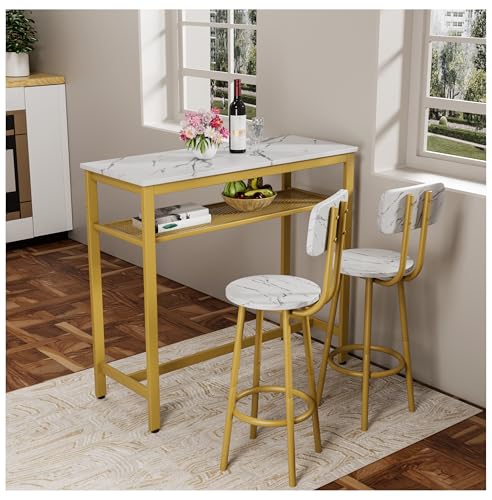Counter Height Dining Table Set with 2 Stools - Kitchen Breakfast Bar Table - White Faux Marble Top