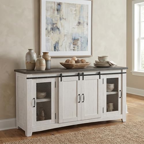 Martin Svensson Home Rustic 65" Wood Entertainment Center, White and Grey | Solid Pine, TV Stand, Sliding Doors, Adjustable Shelves & Cable Management, for TVs up to 70" - color: White and Grey Stain