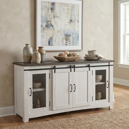 Martin Svensson Home Rustic 65" Wood Entertainment Center, White and Grey | Solid Pine, TV Stand, Sliding Doors, Adjustable Shelves & Cable Management, for TVs up to 70" - color: White and Grey Stain