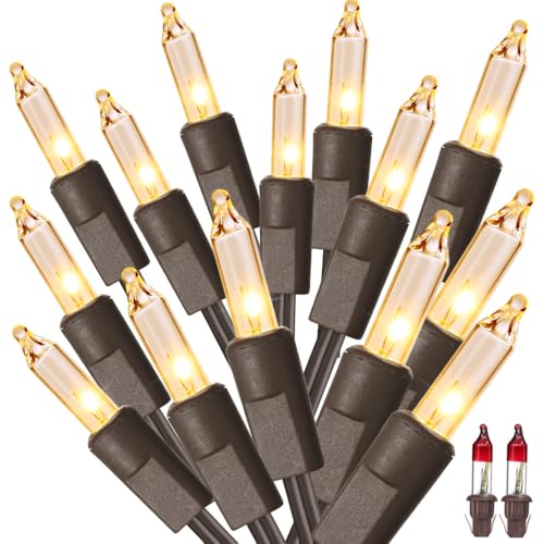 ODEETRONIC Steady & Blink Clear Lights, 21.63ft 100 Count Incandescent Christmas Lights, UL Certified Connectable Tree Light Warm White, 2 Mode Mini Light for Indoor Outdoor Xmas Party, Brown Wire | Steady & blink; Waterproof; UL certified connectable plu