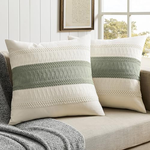2 Pack Boho Throw Pillow Covers, Contrast Green 22x22in | Soft Breathable Cotton, Farmhouse Decorative Couch Pillow Cases, Cushion Covers for Sofa Bed Living Room Home Decor - color: Contrast/Green, size: 22" x 22" (Pack of 2)