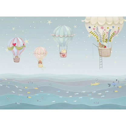 ASJ Kids Nursery Peel and Stick Wallpaper Mural, Hot Air Balloon Bear Blue | Seamless edge-to-edge match. Ocean waves & fish dreamy artwork, 177x102 in, premium fabric, boys girls playroom. - color: Soft Blue, size: 177" x 102"