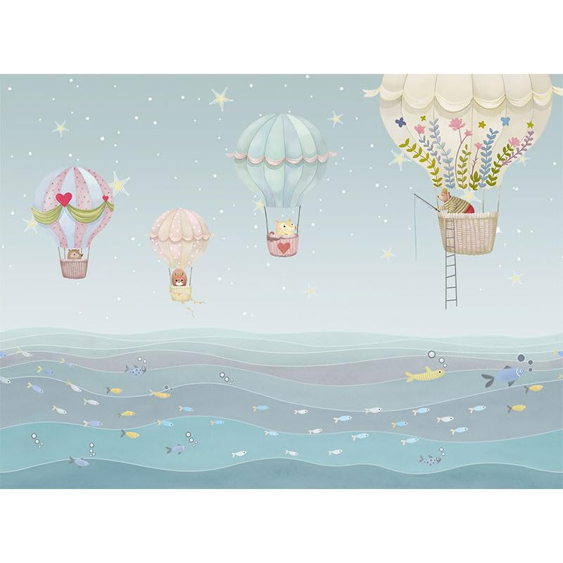 ASJ Kids Nursery Peel and Stick Wallpaper Mural, Hot Air Balloon Bear Blue | Seamless edge-to-edge match. Ocean waves & fish dreamy artwork, 157x98 in, premium fabric, boys girls playroom. - color: Soft Blue, size: 157" x 98"