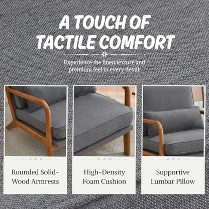 Karl home Mid-Century Modern Accent Reading Chair, Grey | Linen Upholstered, Solid Wood Frame, Soft Cushion, Lumbar Pillow, Lounge Armchair for Living Room, Bedroom, Balcony, Study - color: Linen Gray