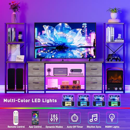 Yenlure LED TV Stand Bookshelf Combo with Charging Station for 65 60 55 Inch TV, Entertainment Center with Lights & Drawers, Industrial Media TV Console Table for Living Room Bedroom Office, Greige - color: Greige