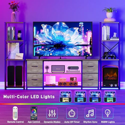 Yenlure LED TV Stand Bookshelf Combo with Charging Station for 65 60 55 Inch TV, Entertainment Center with Lights & Drawers, Industrial Media TV Console Table for Living Room Bedroom Office, Greige - color: Greige