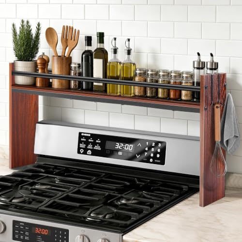 Spice Rack Shelf for Kitchen Stove, Over The Stove Shelf with 4 Hooks, Premium Wood & Metal Commbined Spice Rack Organizer Extra Storage Countertop (Walnut) - color: Walnut