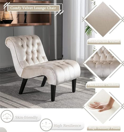 Comfy Velvet Accent Chair Set of 2, Tufted Armless Chair with Rolled Edge | Modern Small Lounger for Living Room, Upholstered Reading Chaise Lounge with Solid Rubber Wood Legs, Beige - color: Beige, size: Set of 2