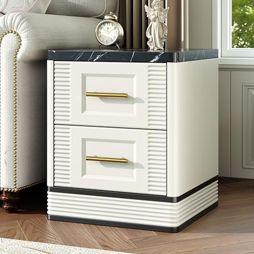 RECHHX Small Dresser for Bedroom, Farmhouse Marble-Effect Nightstand with 2 Drawer for Narrow Spaces, Thermoformed Curved End Table for Bedroom, Living Room, White