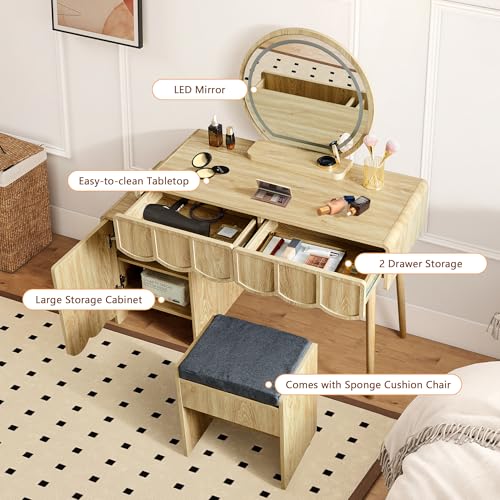 Vanity Desk with Mirror and Lights, Modern Wood Wave Panel Vanity Desk Set Makeup Table with Drawers and Cabinet, Dressing Table with Storage for Bedroom, Natural - style: Natural