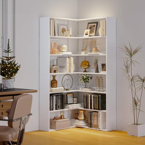 Corner Bookshelf, Freestanding L Shaped Display Shelf, 6 Tiers Bookcase with Baffles, Wooden Bookcase with Storage Organizer for Home Office, Living Room, Bedroom (23.6") - size: 23"