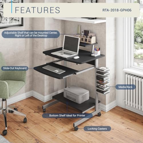 Techni Mobili Rolling Computer Desk Cart w/ Keyboard Tray & Wheels, Black | Locking casters, printer stand, office cart, compact desk, home office, small space computer workstation