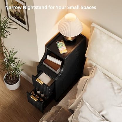 Fluted Nightstands Set of 2,Narrow Bedside Table with 2 Drawers & Storage, Farmhouse Walnut End Table Modern Side Table for Bedroom Livingroom Sofa Office, Small Space - color: Black,7.9" With 2 Drawers