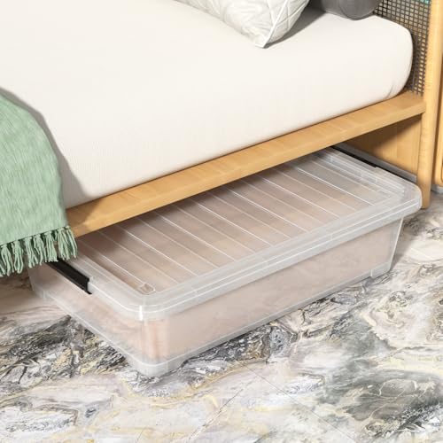 40 Quart Large Clear Plastic Underbed Storage Boxes Bin, 4 Packs | Flat Under Bed Organization Container with Wheels - size: 40 Quart