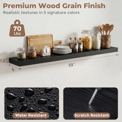 8 inch Deep Floating Shelves for Wall, 55" Wide, Black Finish, 2-Pack | Engineered Wood Wall Shelves with Invisible Brackets for Living Room, Bedroom, Bathroom, Office & Kitchen Storage - color: Black Finish, size: 55"W x 8"D, 2p
