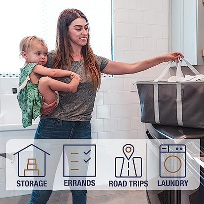 CleverMade Collapsible Laundry Tote, 50L Carry-All Tote, 2 Pack, Charcoal | Carry a Full Load with One Hand | Long Center Handles Balance 55 lb, While the Steel Rim Holds Shape and Folds Flat - color: Charcoal Gray