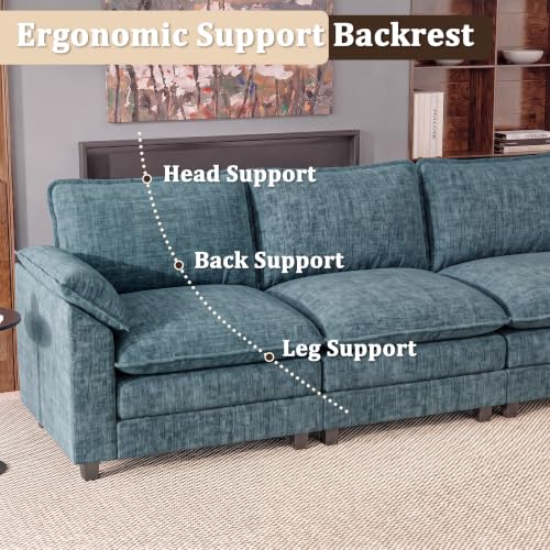 JUMMICO 159" Sectional Couch, Modular Cloud Sofa, Dark Blue | Comfy Chenille, 4 Deep Seats, High-Density Foam, Double Layer Cushions, Oversized Linear Sofa for Living Room and Apartment - color: Dark Blue, size: Linear Sofa