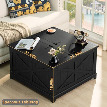 Joaxswe Farmhouse Coffee Table with Hidden Storage Organizer, Black Square Large Center Table, Wood Farm House Low Modern Living Room Tables with Hinged Lift Top for Home, Office - color: Black, style: With Legs