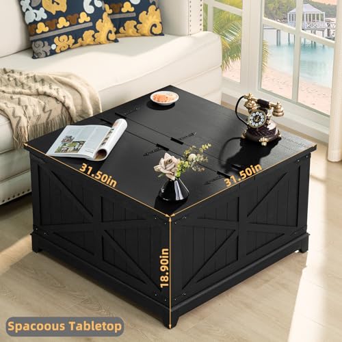 Joaxswe Farmhouse Coffee Table with Hidden Storage Organizer, Black Square Large Center Table, Wood Farm House Low Modern Living Room Tables with Hinged Lift Top for Home, Office - color: Black, style: With Legs