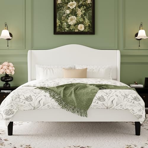 SHA CERLIN Queen Size Bed Frame with Curved Wingback Headboard,Soft White | Modern Luxury Design Velvet Platform Bed with Sturdy Wooden Slats,Noise-Free, No Box Spring Needed, Easy Assembly - color: Soft White, size: Queen