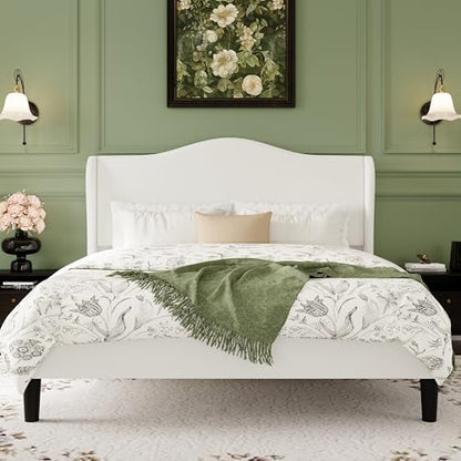 SHA CERLIN Queen Size Bed Frame with Curved Wingback Headboard,Soft White | Modern Luxury Design Velvet Platform Bed with Sturdy Wooden Slats,Noise-Free, No Box Spring Needed, Easy Assembly - color: Soft White, size: Queen