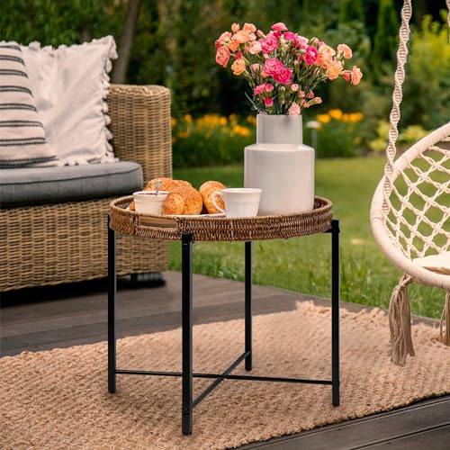 DINGTAI Brown Small Round End Table, 19in Rattan End Tables, Wicker Rattan Side Table, Round Sofa Side Table, Indoor Outdoor Side Tables for Patio, Living Room Bedroom Office