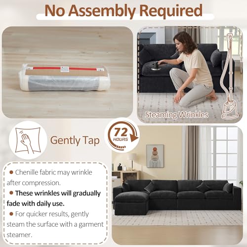 146''Cloud Boneless Sectional Couch, Modular Sectional Sofa Deep Seat with Ottoman, Oversized Upholstered Convertible Comfy 5 Seater Chenille Sofa L Shape Couches for Living Room, Dark - color: Dark, size: 146"/4 Seater+1 Ottoman