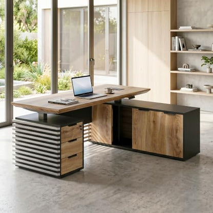 SAINTCY L Shaped Executive Standing Desk with Drawers, 78.74In Large Adjustable Heigh Office Desk with Power Outlet Hub,2.56" Thick Floating Desktop,for Home Office, Studio - color: Right, size: 62.99"D x 78.74"W x 29.5"H
