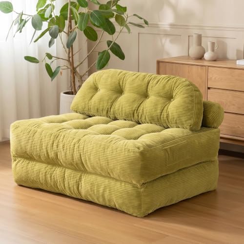 Convertible Corduroy Floor Sofa, 3-in-1 Folding Lazy Sofa Bed with Adjustable Backrest, Soft Bean Bag Chair Lounger for Living Room, Bedroom, Guest Room, Oversized Sleeper Chair - color: Green, size: Full