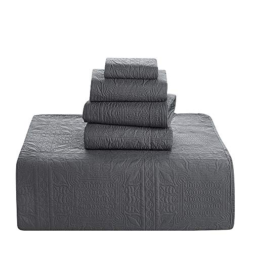 Clara Clark Quilts Twin Size - All Season Bedspread Coverlet Set, Pinsonic Weave Lightweight Bedding Set - 5 Piece Twin Quilt Set with Pillow Shams, Grid - Gray - color: 15 - Grid - Gray, size: Twin