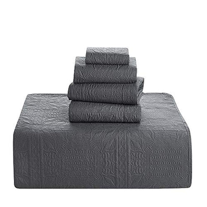 Clara Clark Quilts Twin Size - All Season Bedspread Coverlet Set, Pinsonic Weave Lightweight Bedding Set - 5 Piece Twin Quilt Set with Pillow Shams, Grid - Gray - color: 15 - Grid - Gray, size: Twin
