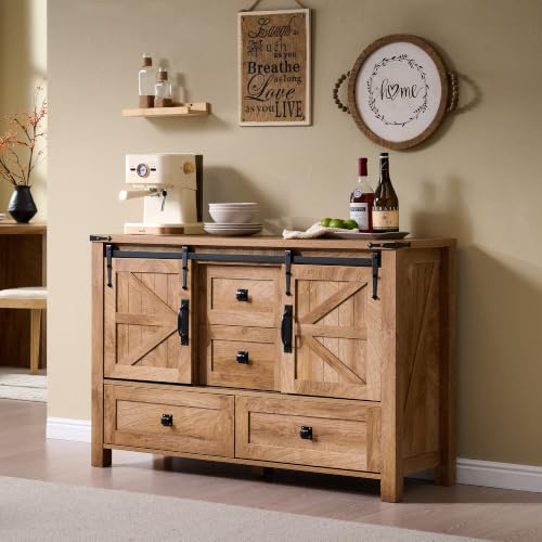 T4TREAM 48" Wide Farmhouse Sideboard Buffet Cabinet, Light Tree Knot | 31.2" Tall Kitchen Cabinet with Storage, 2 Sliding Barn Doors, 4 Drawers, Rustic Wood, Coffee Bar Table, Dining Room - color: Light Tree Knot