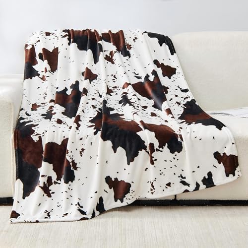 Bnuitland Cow Printed Fleece Flannel Throw Blanket, 300 GSM Double Sided Fuzzy Fluffy Blanket for Bed Sofa Couch Travel, Super Soft Lightweight for Adults and Kids, 60×80 inch - color: Cow Brown and Black (Only Blanket), size: Queen (U.S. Standard)