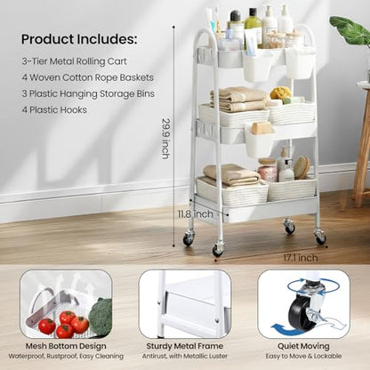 3-Tier Rolling Utility Cart with 4 Woven Baskets, Diaper Book Snack Cart, Storage Organizer for Nursery, Kitchen, Craft Room, Home SPA, Living Room, Metal Frame Trolley on Lockable Wheels, White - color: White