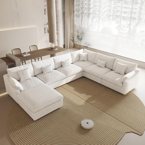 Cloud Couch for LivingRoom,153" U Shaped Modular Sectional Couch with Storage Ottoman,Down Filled 7 Seater Convertible Sleeper Sofa Bed Oversized Furniture,White - color: White, size: 7 Seater