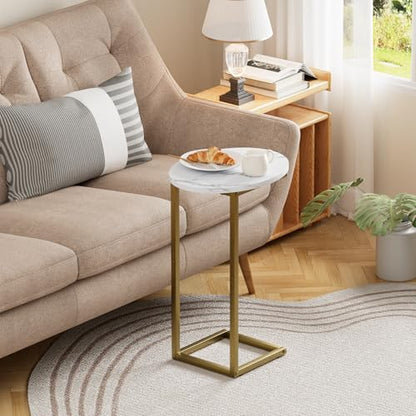 C Shaped End Table, Oval Couch Side Tables for Living Room, Sofa End Table with Metal Frame, Small Wooden Snack Table for Bedroom, Small Spaces, Easy Assembly, Gold - color: White Marble+gold