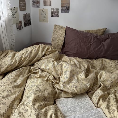 MKXI Beige & Brown Vintage Floral Duvet Cover Set Twin Size - 3 Piece Soft&Breathable Boho Bedding Set with Geometric Patterns, 100% Cotton Aesthetic Duvet Cover with Zipper Ties & Pillowcases - color: 003 Boho Floral, size: Twin