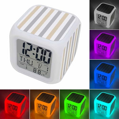 Digital Alarm Clocks for Bedroom,Classical Beige Grey Striped Cube Alarm Clock with Snooze and Nightlight Modern Minimalist Lines Silent Office Desk Clock Time/Date/Temperature Display - color: Beige