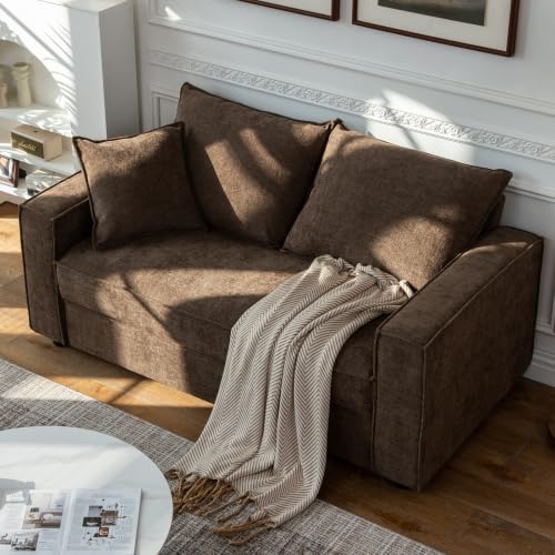 YUHUASHI Square Loveseat Sofa,Linen Fabric Upholstered Couch，Brown | 65 Inch W/Brown Sofa/Linen Fabric/Sturdy Small Space Sofa /Furniture for Living Room Bedroom/Modern Square Design - color: Brown, size: 65 Inch W