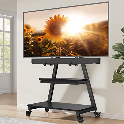 Perlegear Mobile TV Stand with Soundbar Mount, Rolling Floor TV Stand with Wheels for 43-83" TVs up to 132lbs, Mobile TV Cart with Storage Shelves, Tilt Swivel Corner TV Cart Max VESA 600x400mm