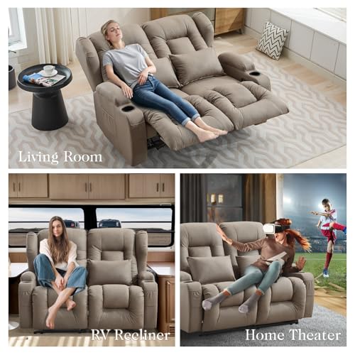 Loveseat Recliner Sofa,RV Wall Hugger Recliners for Small Spaces,Reclining Loveseat Sofa Recliner with Cup Holders/Lumbar Pillows,RV Furniture (Khaki, 56" 2-Seater) - color: Khaki, size: 56" 2-Seater