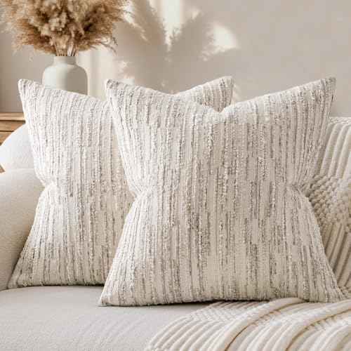 a moment Boho Striped Decorative Throw Pillow Covers 18"X18" Set of 2,Beige | Rustic Farmhouse Pillow Cases,Aesthetic Modern Home decor,Couch Cushion Covers,For Bed Sofa Living Room - color: Beige, size: 18" x 18" (Pack of 2)