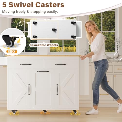 YESHOMY Kitchen Island on Wheels with Trash Cabinet, 56" Mobile Cart with Drop Leaf and Drawers, Rolling Portable Table with Spice Rack & Towel Holder for Dining Room, White & Oak - color: White & Oak