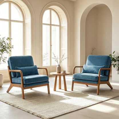 Karl home Mid-Century Modern Accent Reading Chair, Blue | Chenille Upholstered, Solid Wood Frame, Soft Cushion, Lumbar Pillow, Lounge Armchair for Living Room, Bedroom, Balcony, Study - color: Chenille Blue