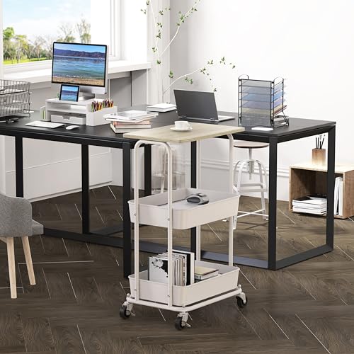Simple Houseware 2-Tier Rolling Utility Cart Wood Top/Lockable Wheel, Maple | Metal Storage Organizer Trolley for Kitchen, Bathroom, Office, Craft Room - color: Maple