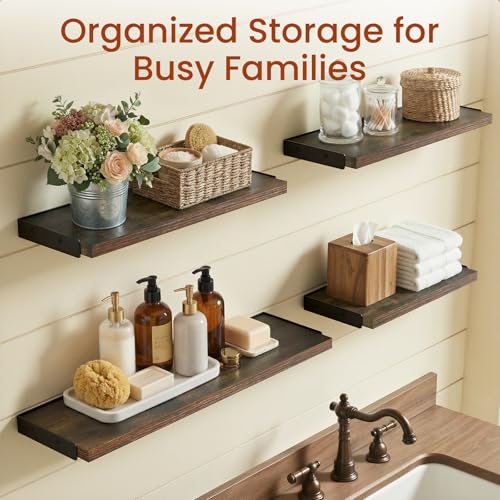 BAYKA Wall Shelves for Bathroom Decor, Floating Wall Shelves for Living Room Kitchen Storage, Mounted Rustic Wood Floating Shelves for Kids Books, Corner Shelf for Bedroom(Rustic Brown，Set of 4) - color: C. Rustic Brown Board & Black Brackets, size: 16-in