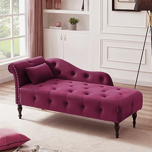 60" Modern Velvet Chaise Lounge Indoor,Upholstered Lounge Chair with Left Armrest and Lumbar Pillow, Button Tufted Lounge Sofa for Living Room Bedroom Office,Mini Chaise Longue Sofa (Claret) - color: Claret