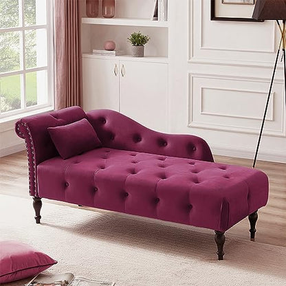 60" Modern Velvet Chaise Lounge Indoor,Upholstered Lounge Chair with Left Armrest and Lumbar Pillow, Button Tufted Lounge Sofa for Living Room Bedroom Office,Mini Chaise Longue Sofa (Claret) - color: Claret