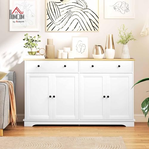 HOMCOM Sideboard Buffet Cabinet Solid Wood Countertop 55" White | Modern Kitchen Storage, Coffee Bar Cabinet, 4 Drawers, 2 Doors, 2 Adjustable Shelf - color: White, size: 55.1" x 15.7" x 33.5"